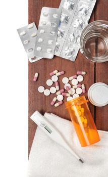 variety of medical object on wooden plank background