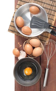 closeup fresh eggs isolate on wooden plank background