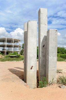 closeup foundation pilein construction site, the building under construcion