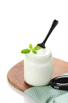 natural yogurt in glass jar, delicious natural yogurt 