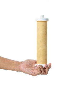 used water filter in human hand
