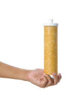 used water filter in human hand