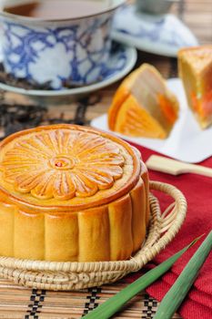 Mooncake on bamboo mat, Chinese Mid-autumn festival dessert