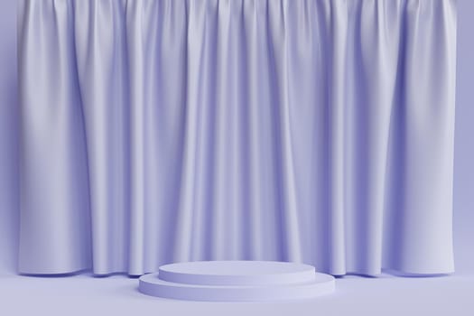 Cylinder podium or pedestal for products or advertising on neutral blue background with curtains, minimal 3d illustration render