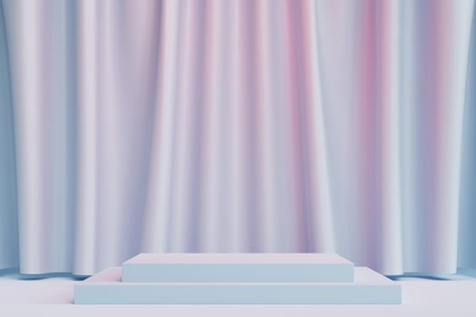 Square podium or pedestal for products or advertising on pastel blue and pink background with curtains, minimal 3d illustration render