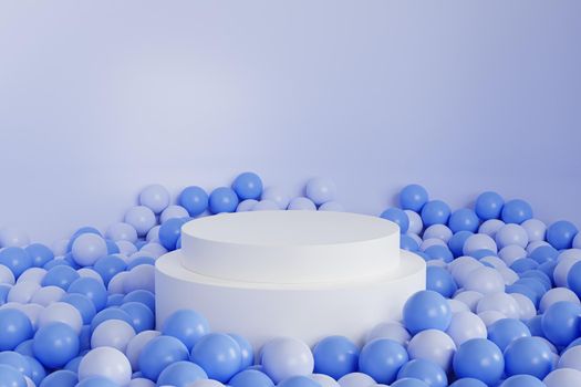 White cylinder shaped podium or pedestal for products or advertising on pastel blue background with balls, minimal 3d illustration render