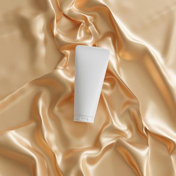 Mockup lotion tube for cosmetics products, template or advertising lies on luxury golden satin or silk cloth, 3d render