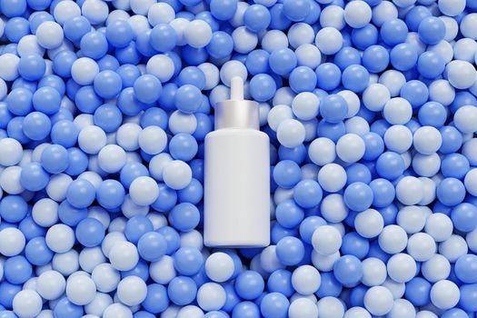 Mockup white dropper bottle with serum for cosmetics products or advertising lies on blue balls or spheres, 3d abstract render