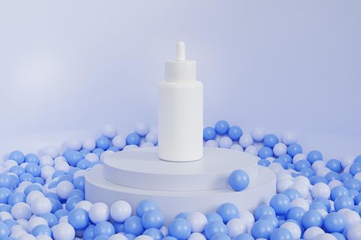 Mockup white dropper bottle with serum for cosmetics products or advertising on podium or pedestal, 3d abstract render