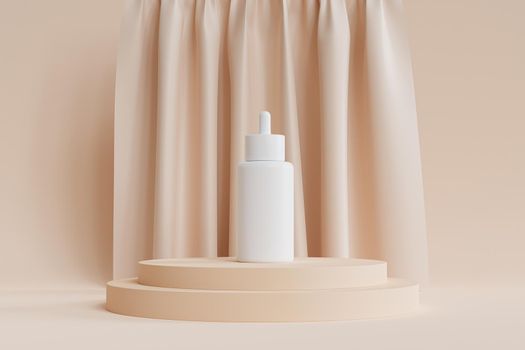 Mockup white dropper bottle with serum for cosmetics products or advertising on beige podium or pedestal with curtains, 3d abstract render