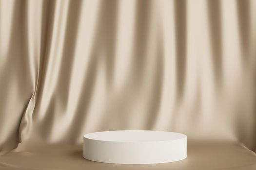 Cylinder shaped podium or pedestal for products or advertising on shiny beige curtains background, minimal 3d illustration render