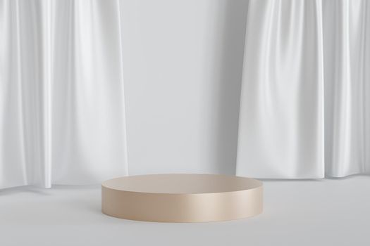 Cylinder shaped podium or pedestal for products or advertising on shiny white curtains background, minimal 3d illustration render