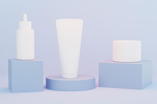 Mockup dropper bottle, lotion tube and cream jar for cosmetics products or advertising on blue podiums, 3d illustration render