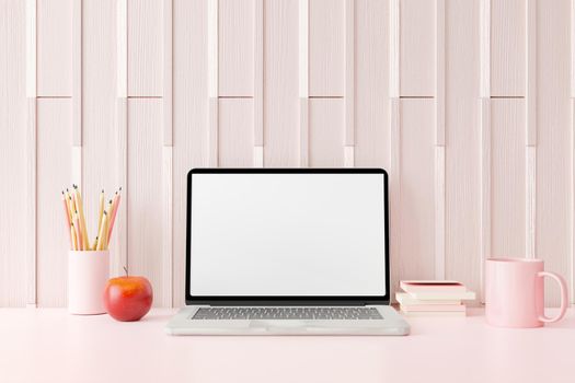 Workspace with mockup blank screen laptop computer. 3D Rendering.