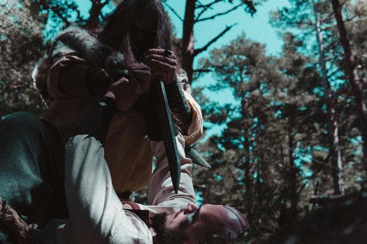 Viking fighting not to be stabbed with his sword