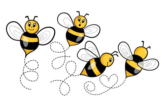 Set of cartoon bee mascot. A small bees flying on a dotted route. Wasp collection. Vector characters. Incest icon. Template design for invitation, cards. Doodle style.