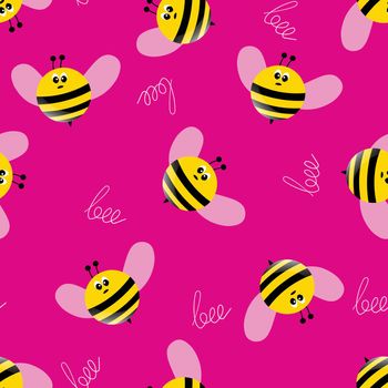 Seamless pattern with bees on color background. Small wasp. Vector illustration. Adorable cartoon character. Template design for invitation, cards, textile, fabric. Doodle style.