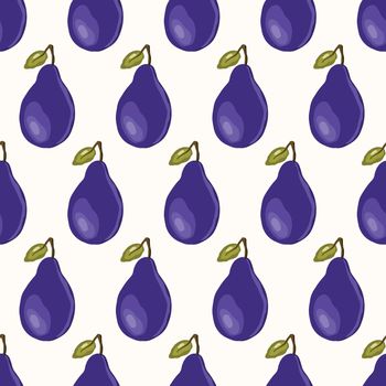 Seamless pattern with plum on white background. Natural delicious fresh ripe tasty fruit. Vector illustration for print, fabric, textile, banner, other design. Stylized plums with leaves. Food concept