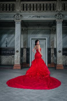 Woman Vintage Red Dress Old Castle Beautiful Princess In Seductive Dress Elegant Caucasian Female Fairy Tale story