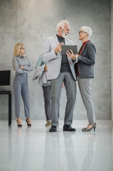 A two smiling senior business people using a digital tablet in a modern office.