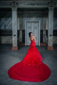 Woman Vintage Red Dress Old Castle Beautiful Princess In Seductive Dress Elegant Caucasian Female Fairy Tale story