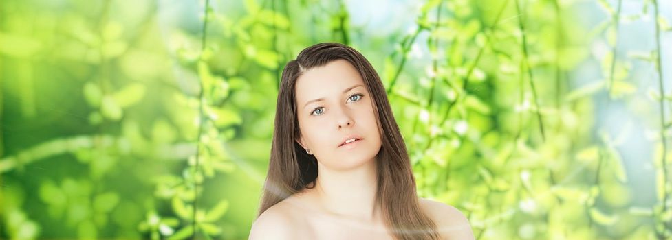 Beauty portrait of young woman for natural skincare and cosmetic brand, spring nature on background as wellness, health and organic beauty concept.