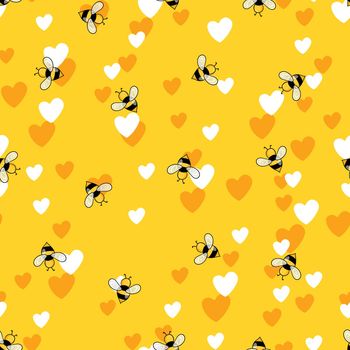 Seamless pattern with bees and hearts on color background. Small wasp. Vector illustration. Adorable cartoon character. Template design for invitation, cards, textile, fabric. Doodle style.