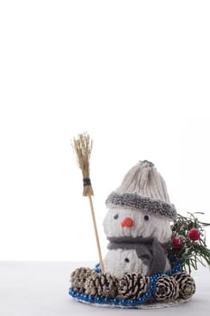 New Year card. New Year's background with a snowman. Toy snowman