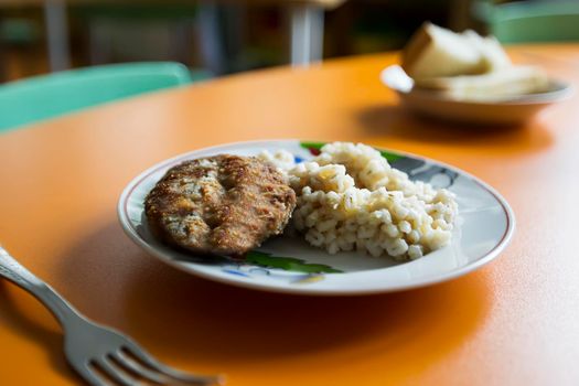 Food for preschool children. Pearl barley of a steak cutlet on a white plate