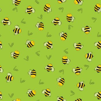 Seamless pattern with bees on color background. Small wasp. Vector illustration. Adorable cartoon character. Template design for invitation, cards, textile, fabric. Doodle style.