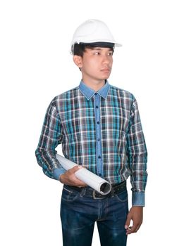 Engineer holding rolled blueprints inspect construction and wear white safety helmet plastic on white background