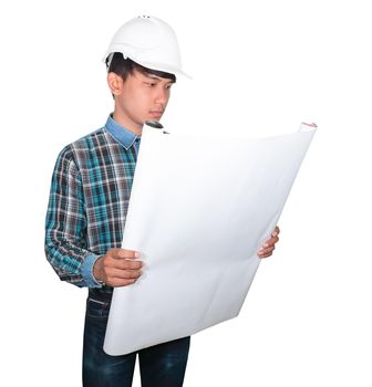 Engineer holding rolled blueprints inspect construction and wear white safety helmet plastic on white background