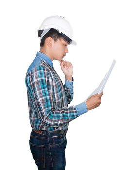 Engineer holding rolled blueprints inspect construction and wear white safety helmet plastic on white background