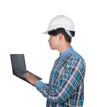 Engineer while holding using Laptop and head wear white safety helmet plastic . Concept Work construction on white background