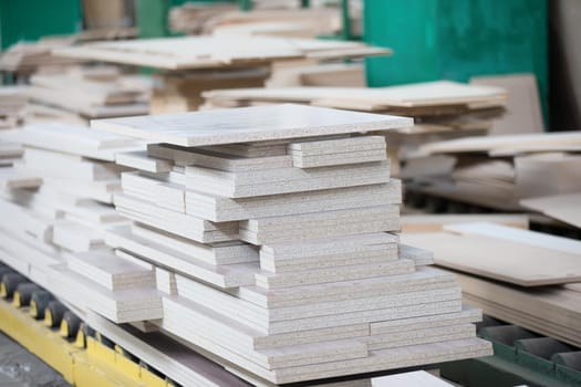 Piles of plywood. Wood processing shop
