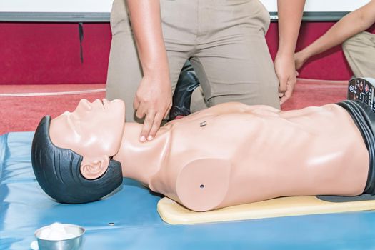 CPR aid dummy medical training with hand press Heart on doll emergency refresher training Concept closed-up.