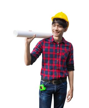 Engineer smile and holding rolled blueprints construction on shoulder wear yellow safety helmet plastic on white background