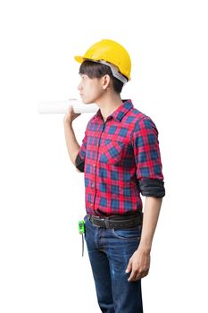 Engineer holding rolled blueprints construction on shoulder and wear yellow safety helmet plastic on white background
