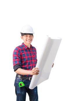 Engineer holding rolled blueprints inspect construction and wear white safety helmet plastic.  isolated on white background