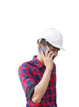 hand of engineer using cell phone and wear white safety helmet plastic on white background. construction concept
