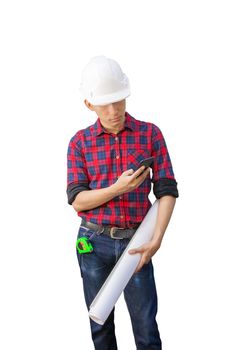 Engineer using cell phone with hand holding rolled blueprints and wear white safety helmet plastic on white background. construction concept