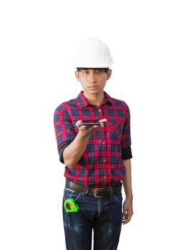 hand of engineer using cell phone and wear white safety helmet plastic on white background. construction concept