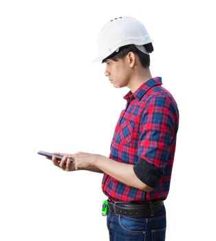 hand of engineer using cell phone and wear white safety helmet plastic on white background. construction concept