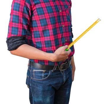 hand of engineer is holding tape measure on white background. construction concept