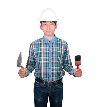 hand of engineer holding Triangle trowel and paint brush wear white safety helmet plastic on white background. construction concept