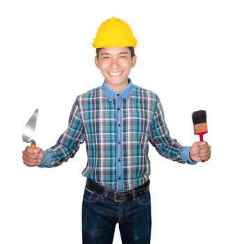 engineer smile with hand holding Triangle trowel and paint brush wear yellow safety helmet plastic on white background. construction concept