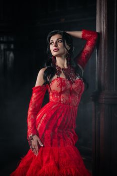 Woman Vintage Red Dress Old Castle Beautiful Princess In Seductive Dress Elegant Caucasian Female Fairy Tale story