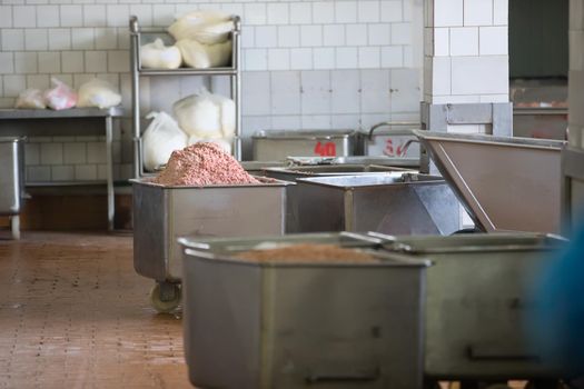 Shop for preparation of minced meat at a meat factory
