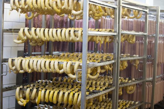 Suspended sausages at a meat factory