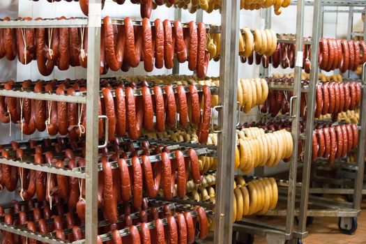 Sausage workshop.stick of sausage are smoked on the background of the meat factory